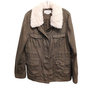 Caslon Faux Shearling Removable Collar Jacket Sz M Olive Cargo Utility Nordstrom